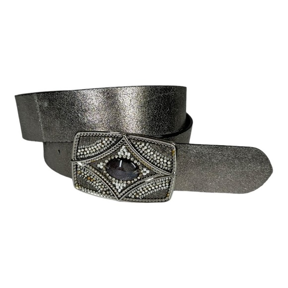 Chicos Metallic Gunmetal Embellished Buckle Leather Belt Medium Stone Boho - Picture 1 of 5